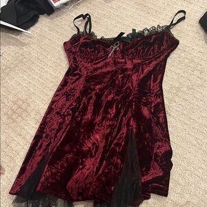 Velvet Burgundy Slip Dress with Lace Trim